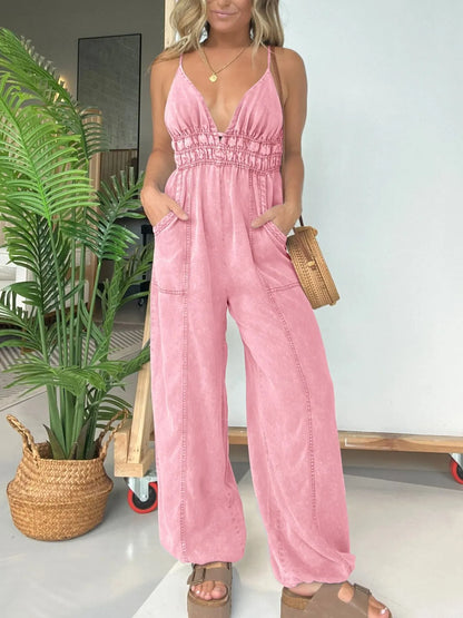 Full Size Wide Leg Spaghetti Strap Jumpsuit Plus Size Pink