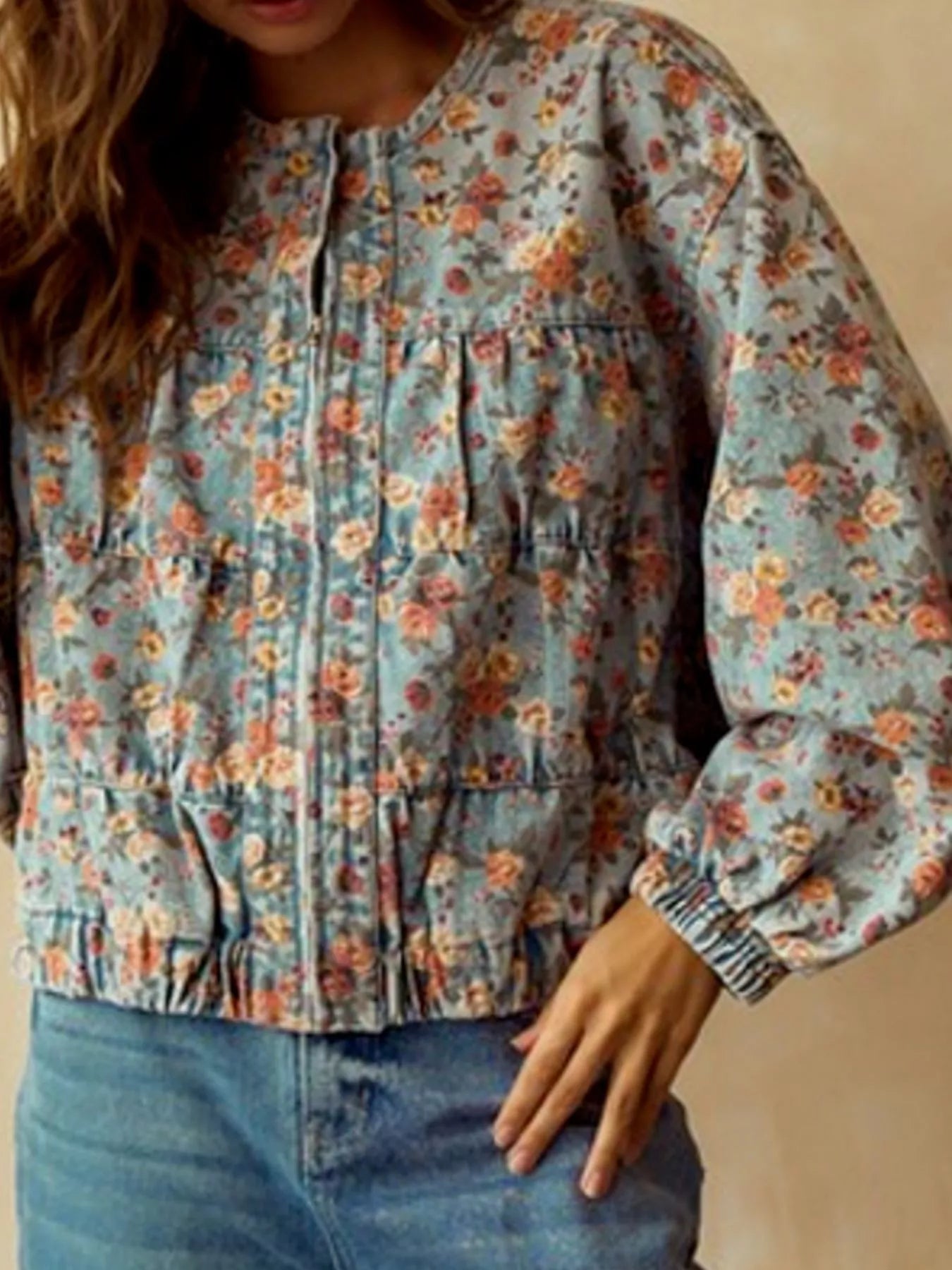 Floral Print Zip Up Cropped Denim Jacket