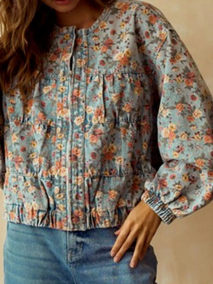 Floral Print Zip Up Cropped Denim Jacket