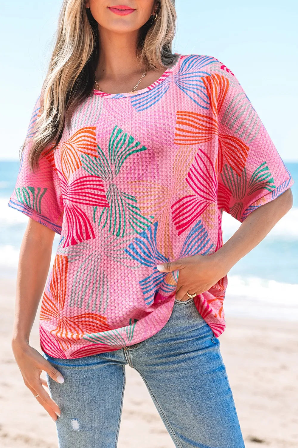Printed Waffle Knit Oversized T-Shirt Pink