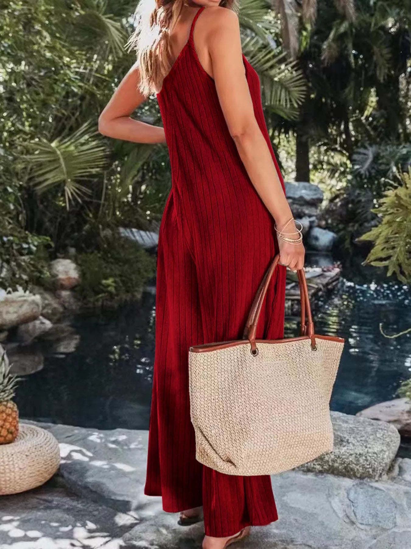 Ribbed V-Neck Wide Leg Jumpsuit