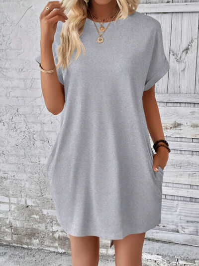 Round Neck Short Sleeve Mini Tee Dress with Pockets Gray