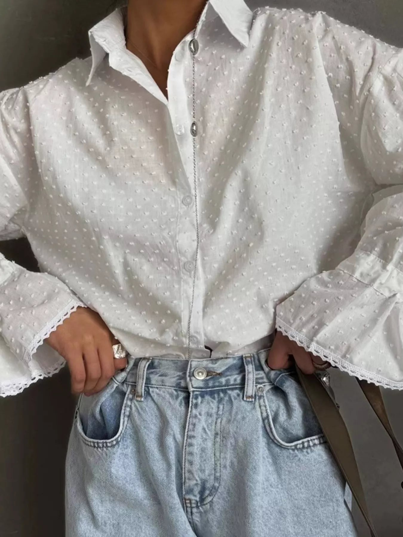 Swiss Dot Flounce Sleeve Shirt