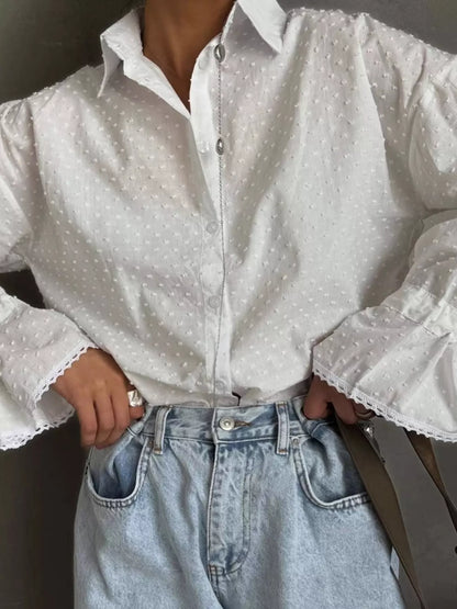 Swiss Dot Flounce Sleeve Shirt