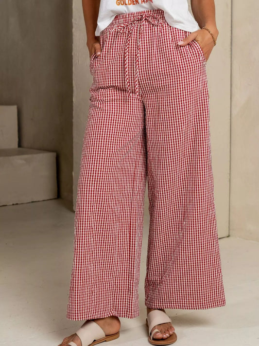 Gingham Print Wide Leg Casual Pants Red