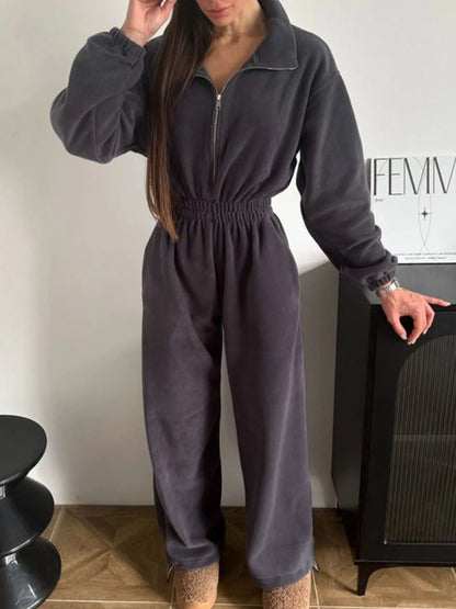 Zip Front Long Sleeve Jumpsuit Dark Gray