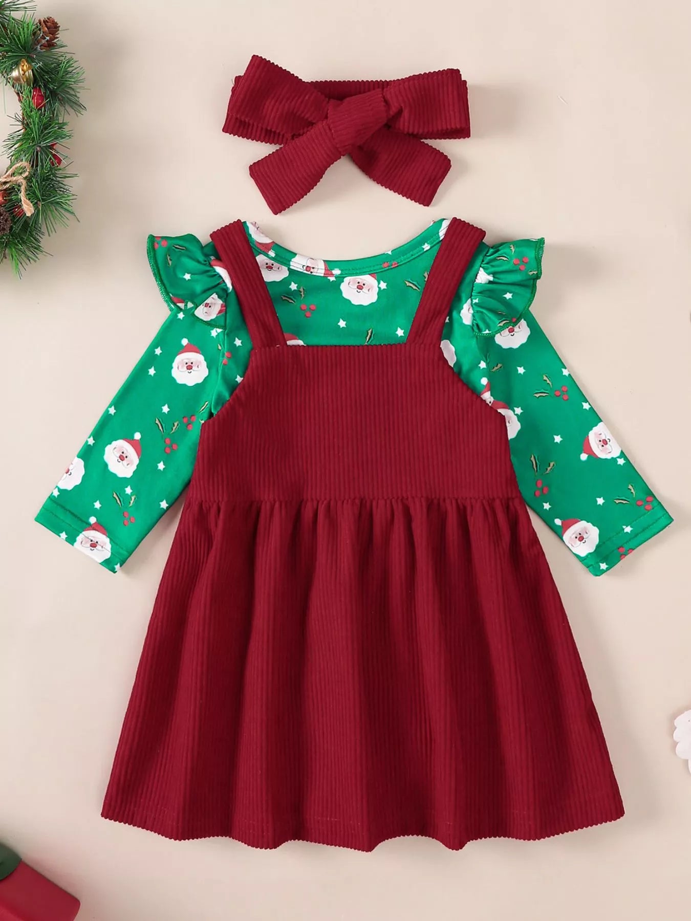 Children's Christmas Bodysuit and Overall Dress Set with Headband