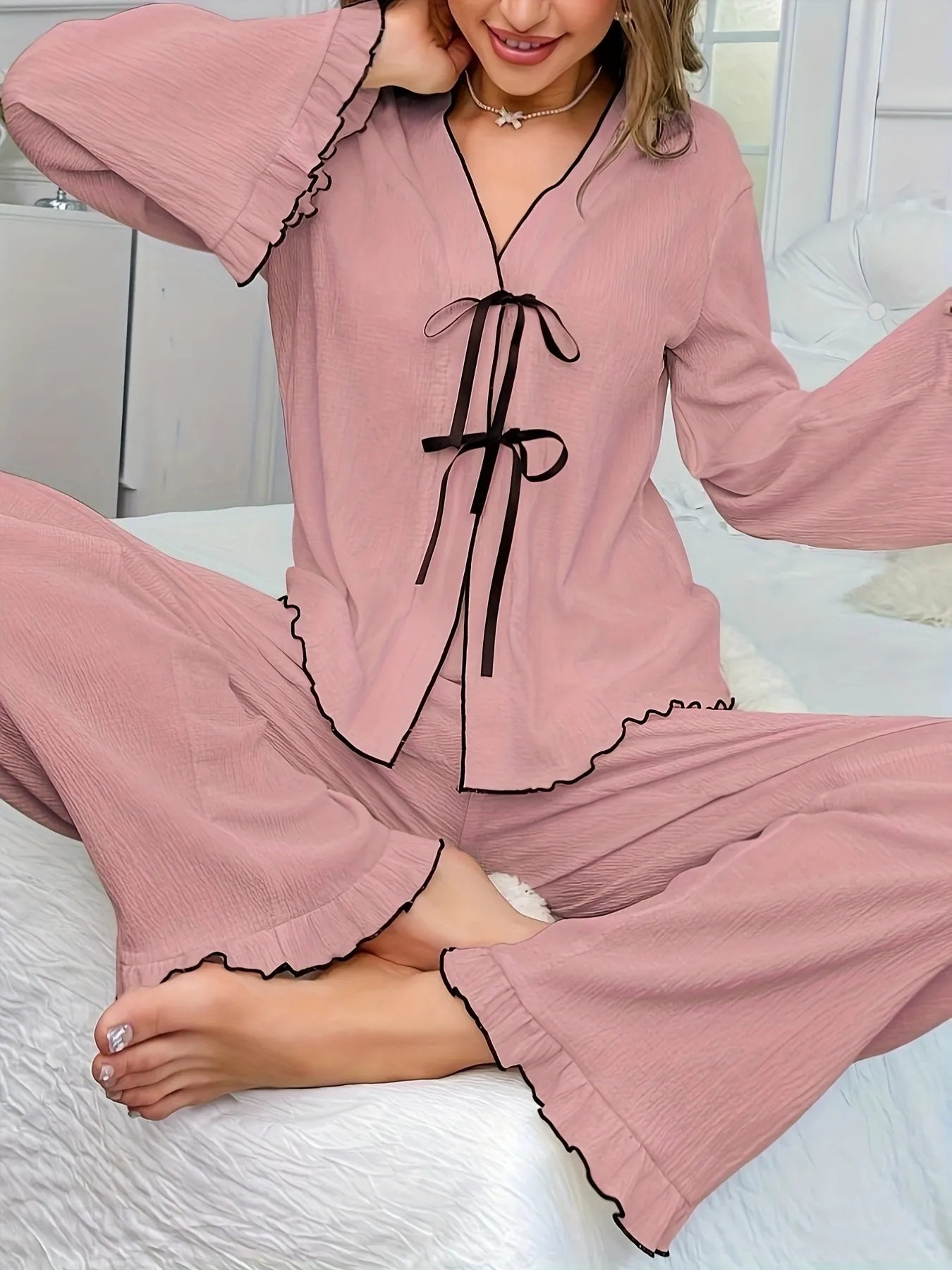 Contrast Trim Bow Tie Shirt and Pants Lounge Set