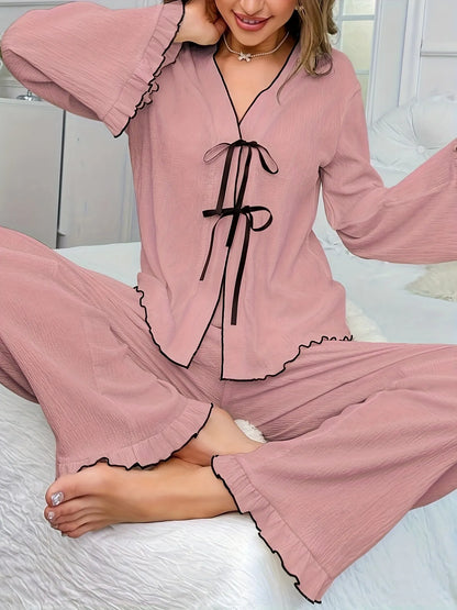 Contrast Trim Bow Tie Shirt and Pants Lounge Set