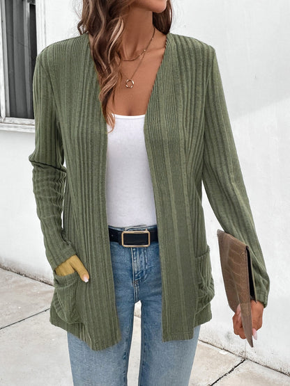 Pocketed Open Front Long Sleeve Cardigan Matcha Green S