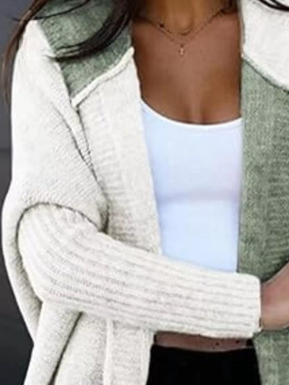 Two-Tone Open Front Knit Hooded Cardigan