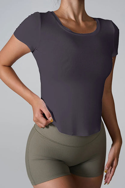 Cutout Round Neck Short Sleeve Active T-Shirt Dark Gray