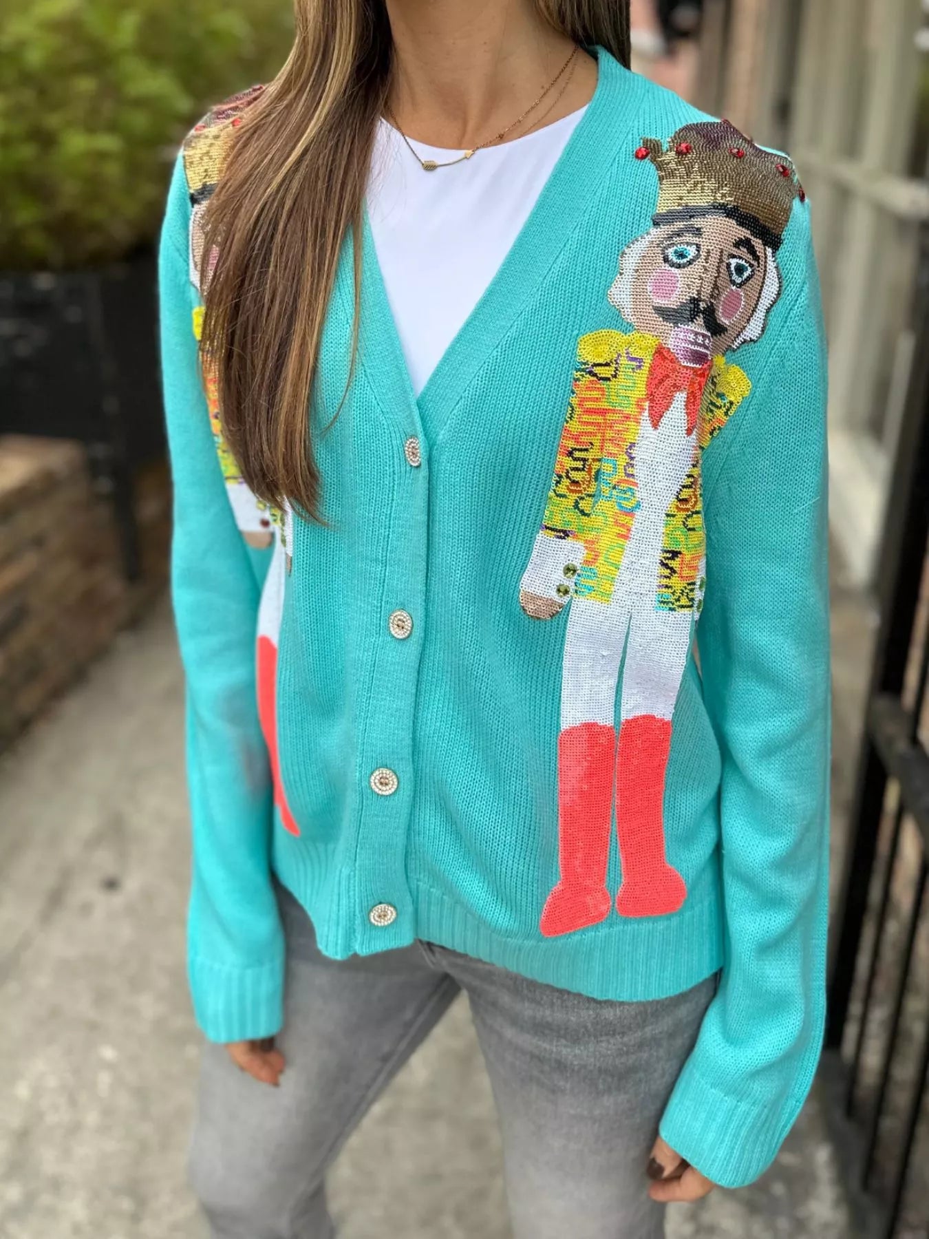 Nutcracker Ribbed Hem V-Neck Cardigan Sky Blue