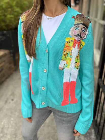 Nutcracker Ribbed Hem V-Neck Cardigan Sky Blue