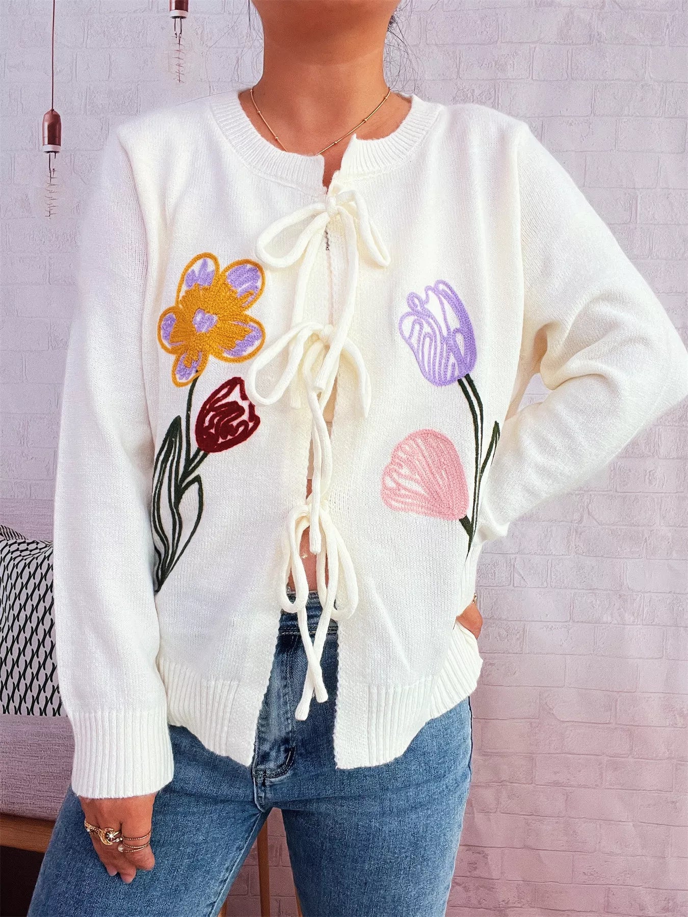 Floral Ribbed Hem Tie Front Cardigan White One Size