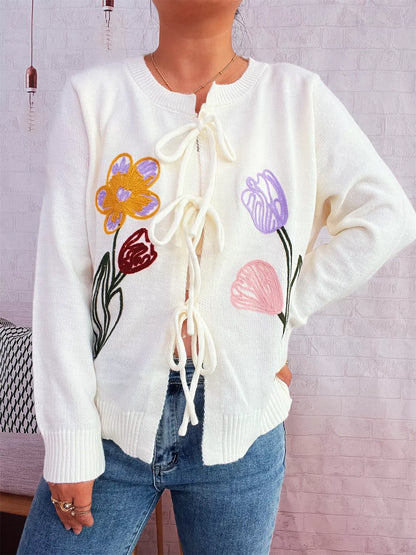 Floral Ribbed Hem Tie Front Cardigan White One Size