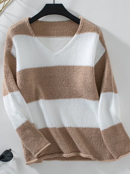 Color Block V-Neck Long Sleeve Sweater Camel