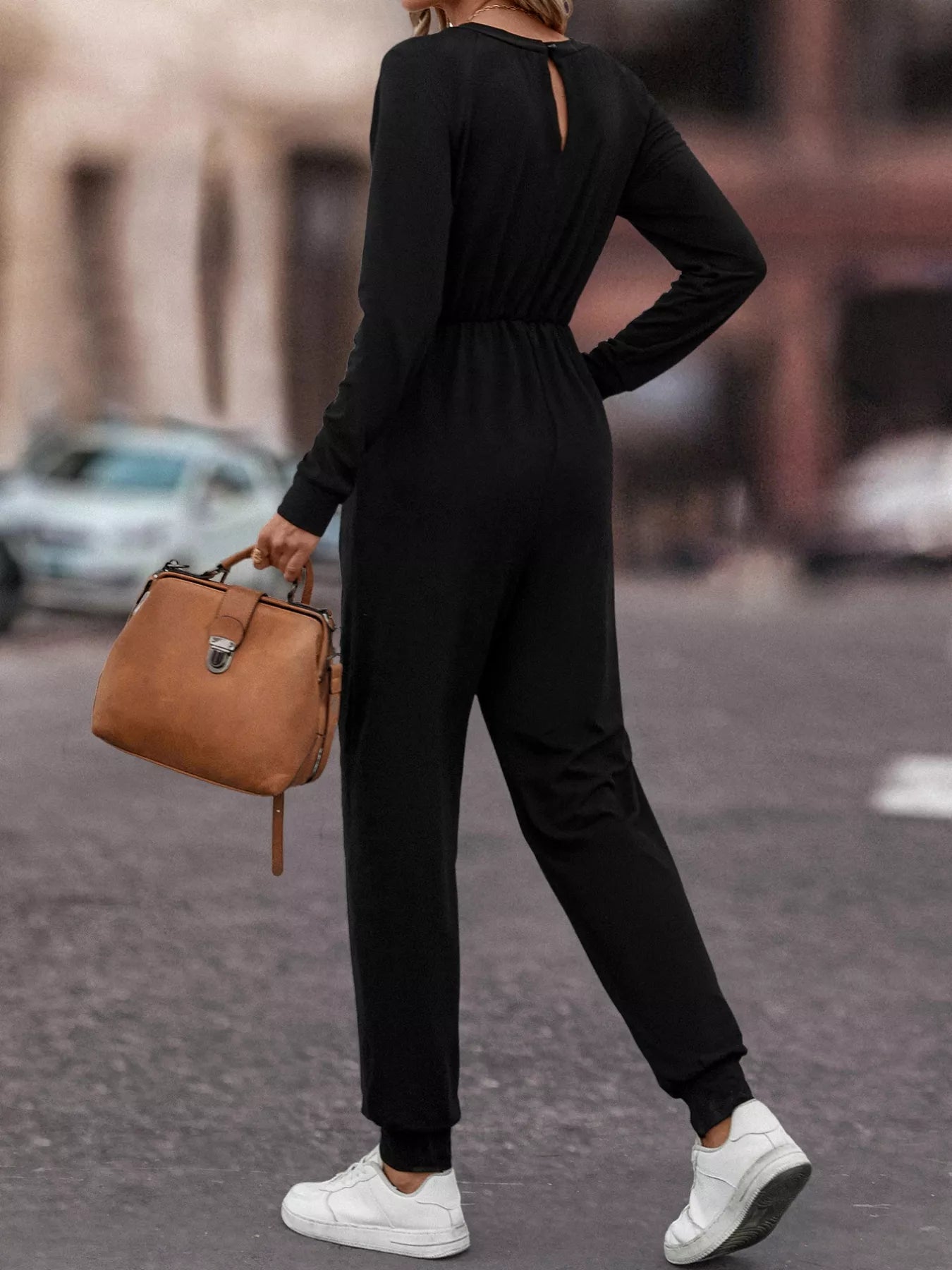Casual Long Sleeve Drawstring Waist Jumpsuit