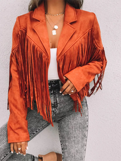 Fringe Open Front Cropped Jacket Orange