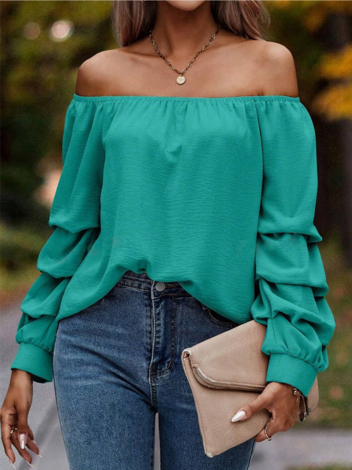 Ruched Off-Shoulder Long Sleeve Blouse Turquoise