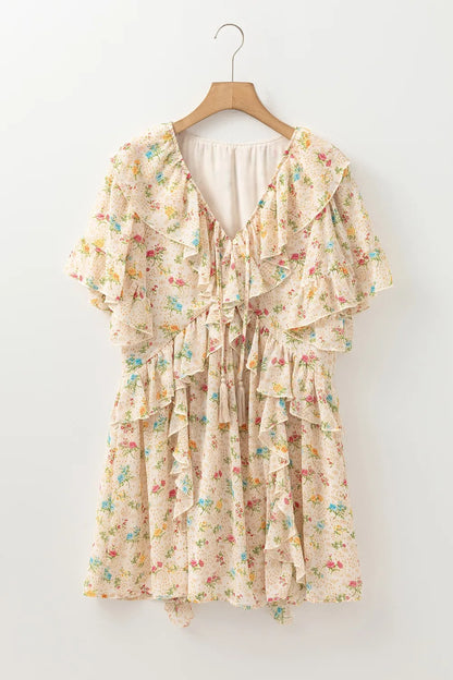 Boho Floral Tassel Tie V Neck Ruffle Wide Sleeve Mini Dress