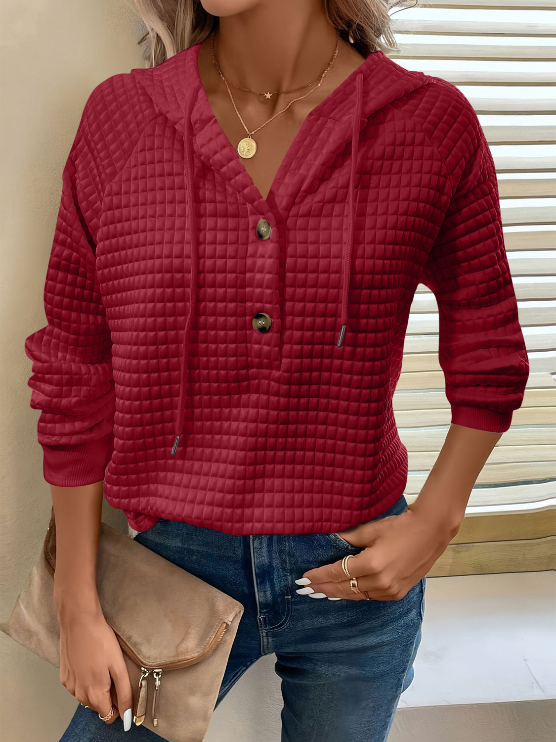 Full Size Texture Button Detail Drawstring Long Sleeve Hoodie Rust