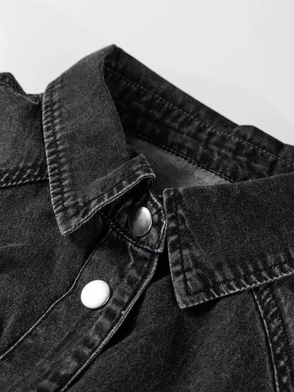 Chest Pocket Raw Hem Denim Loose Shirt Dress