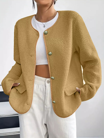 Full Size Textured Button-Up Fleece Outerwear Plus Size Khaki