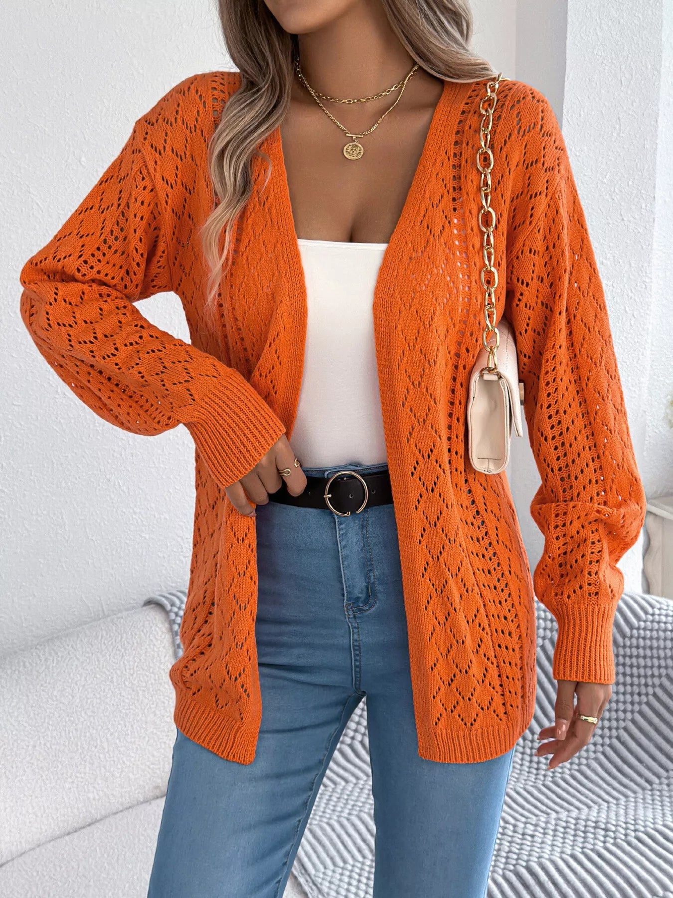 Openwork Open-Front Long Sleeve Cardigan