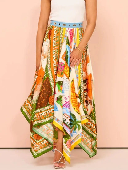 Printed Asymmetrical Hem Maxi Skirt
