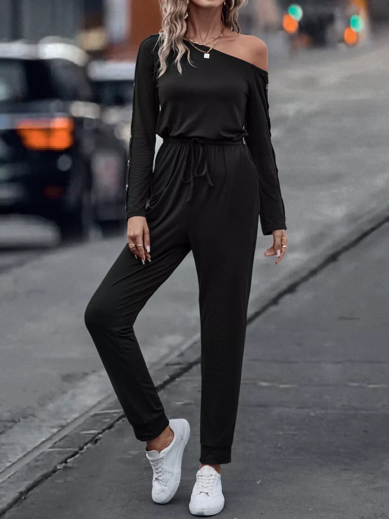 One Shoulder Long Sleeve Jumpsuit Black