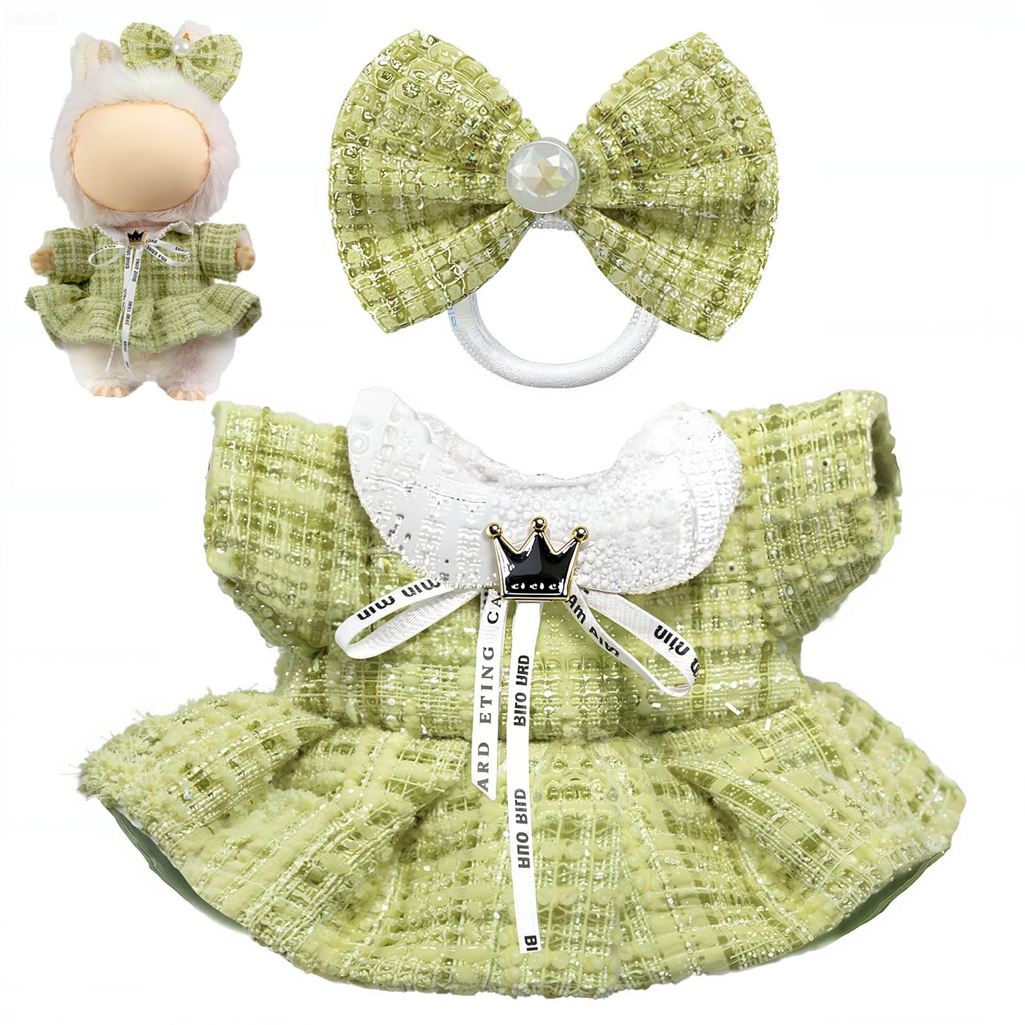 3 Piece Handmade Crochet Outfit for 17cm Dolls - Heart Sweater Hat & Bag Set Dress - Green