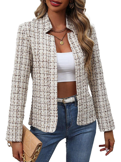 Women's Tweed Blazer Jacket - Open Front Stand Collar Professional Work Coat Plaid Beige