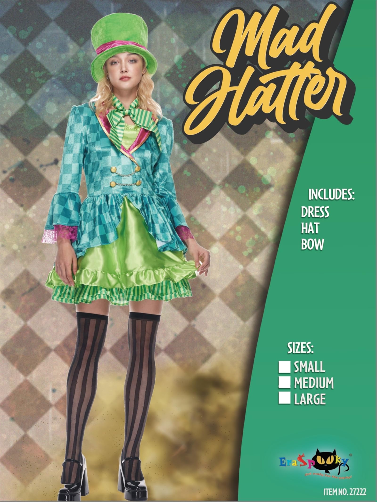 Women's Mad Hatter Costume - Green Dress with Top Hat and Bow Tie