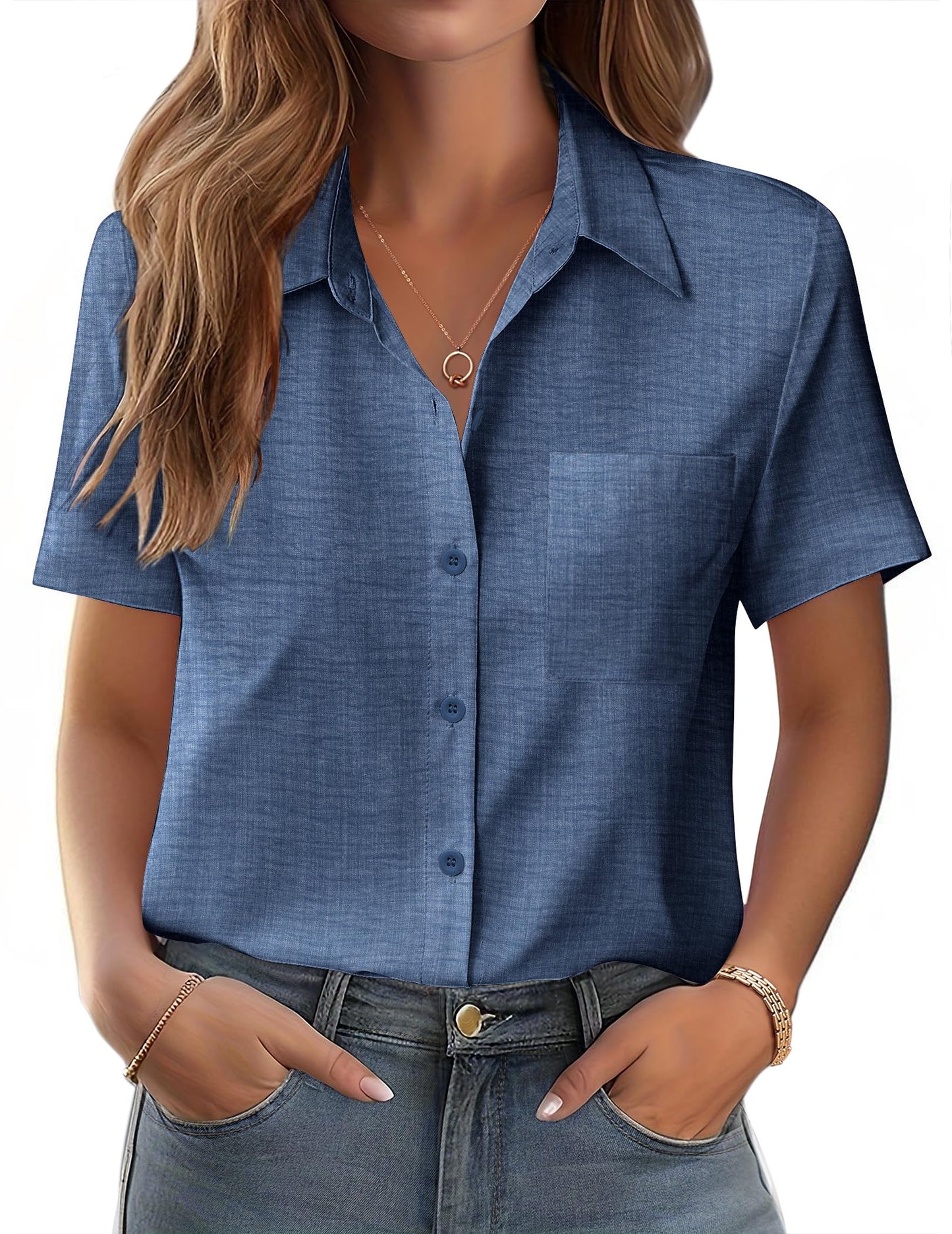 Polyester Blouse - Women's Button Down Shirt Short Sleeve Business Casual Blouse with Chest Pocket Denim Blue