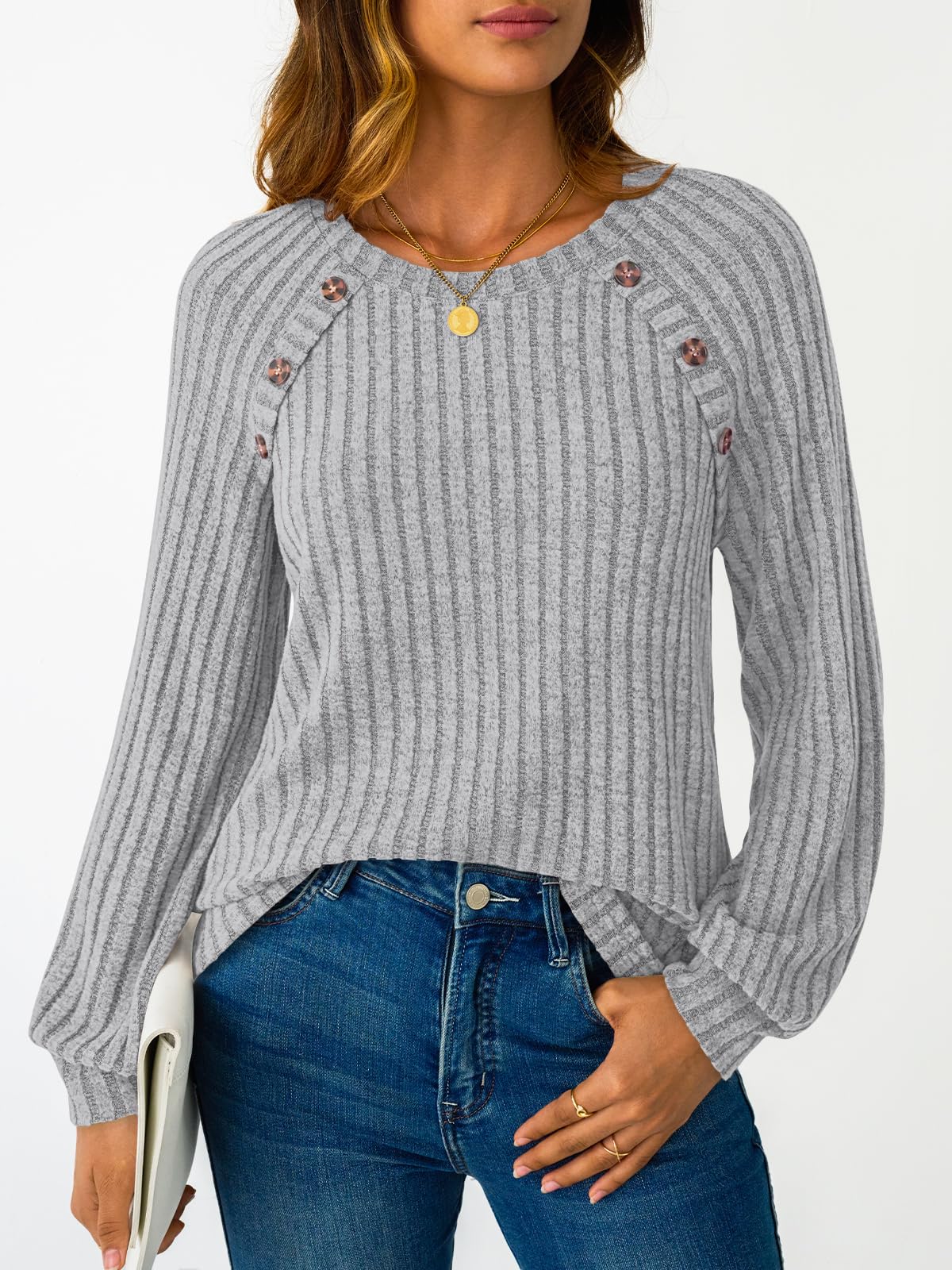 Women's Long Sleeve Tops - Fall Lightweight Sweaters with Shoulder Buttons