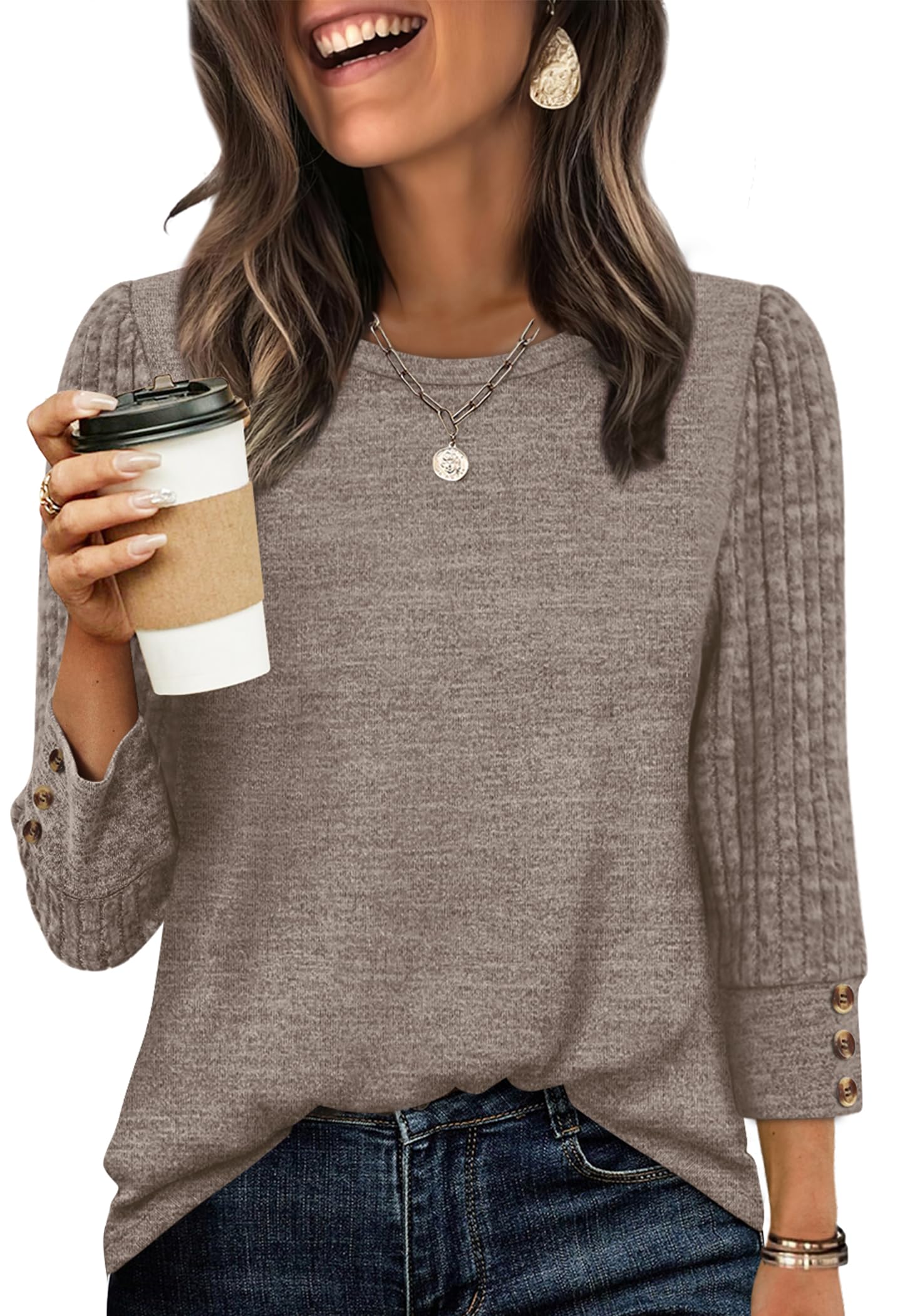 Women's Long Sleeve Shirts - Lightweight 3/4 Sleeve Sweaters with Buttons