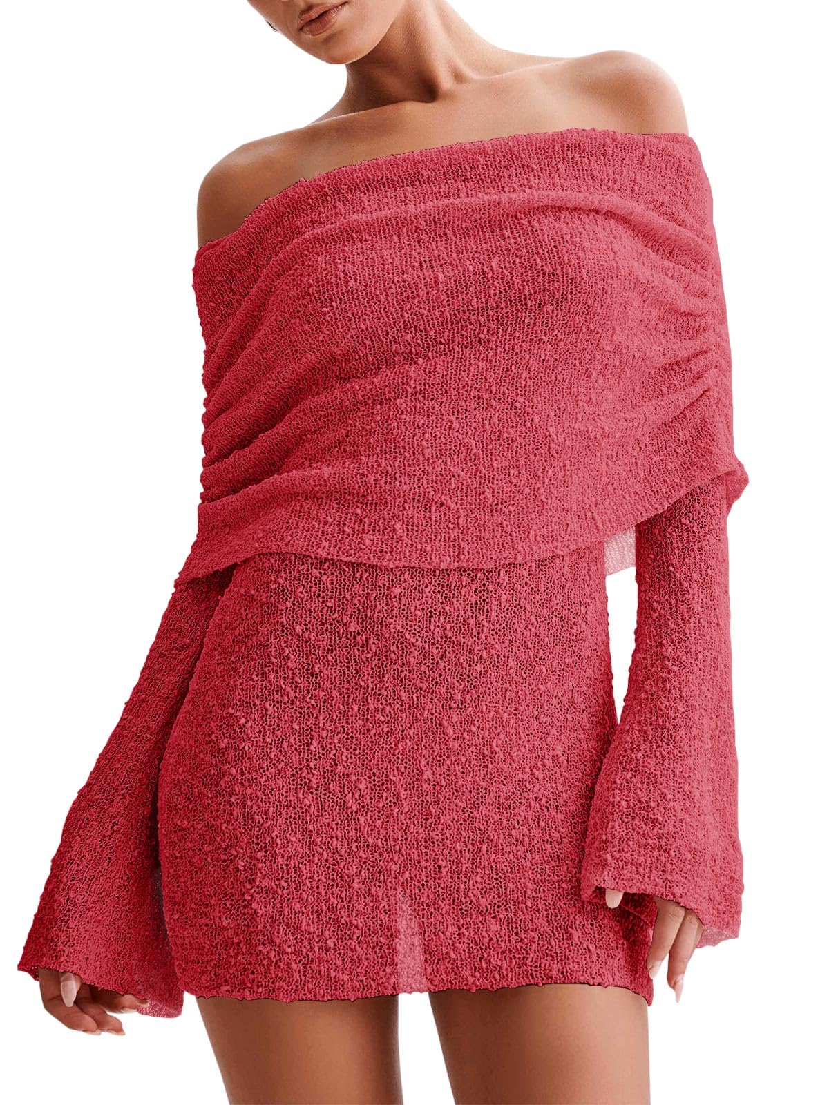 Women's Off Shoulder Beach Cover Up - Sheer Bell Sleeve Mini Dress for Swimwear Red