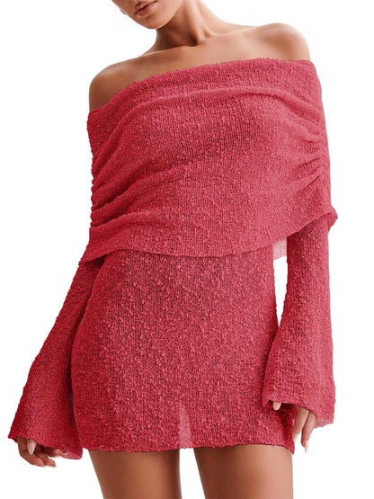 Women's Off Shoulder Beach Cover Up - Sheer Bell Sleeve Mini Dress for Swimwear