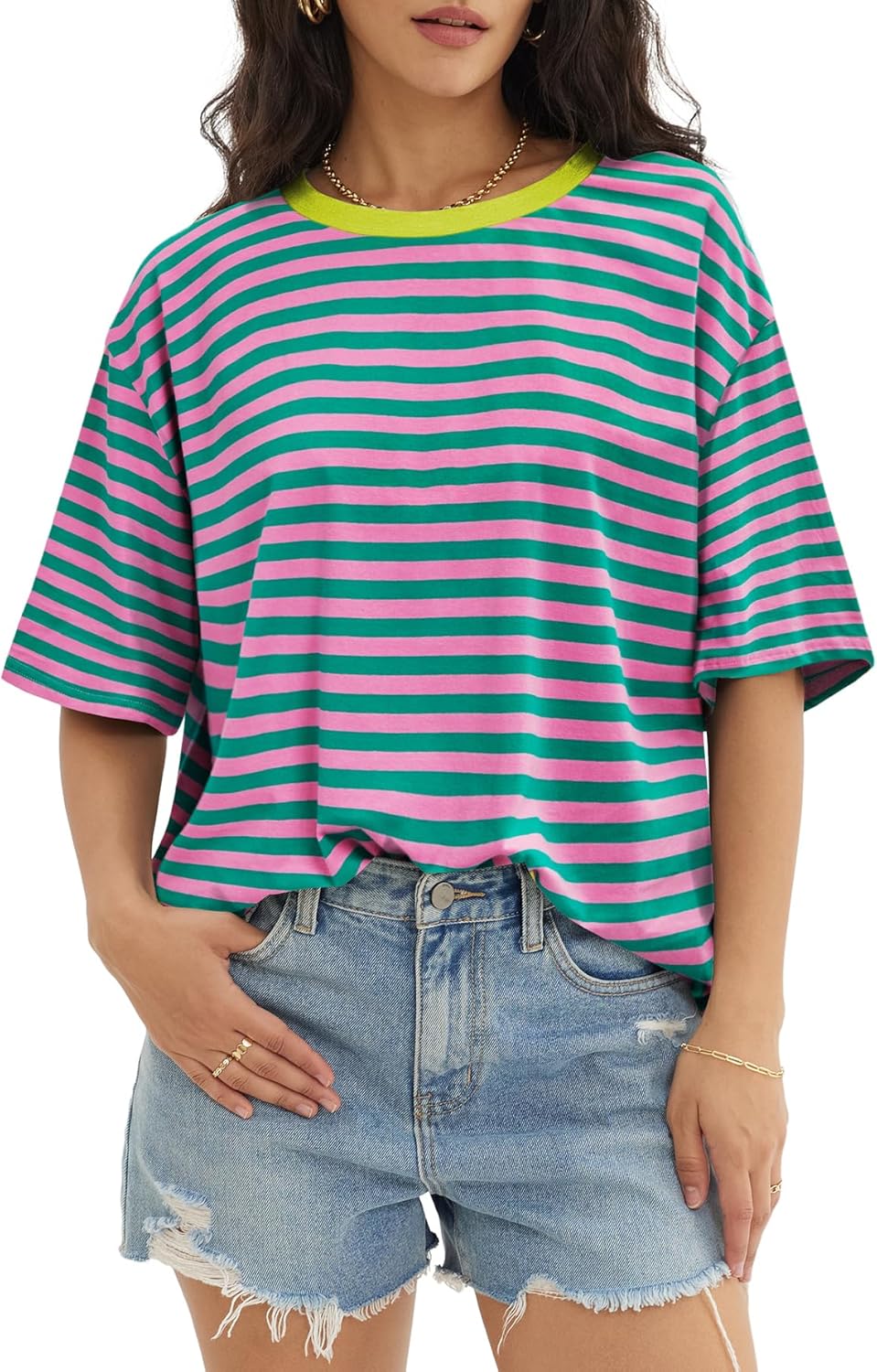 Women's Oversized T Shirts - Loose Fit Crewneck Short Sleeve Casual Tops Striped (Pink & Green) Medium