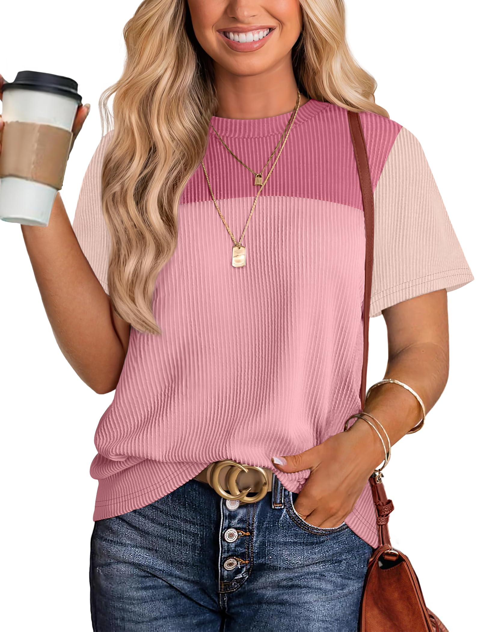 Women's Color Block Knit Shirt Short Sleeve Crewneck Top