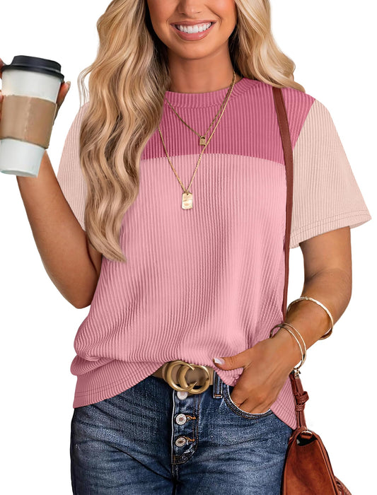 Women's Color Block Knit Shirt Short Sleeve Crewneck Top