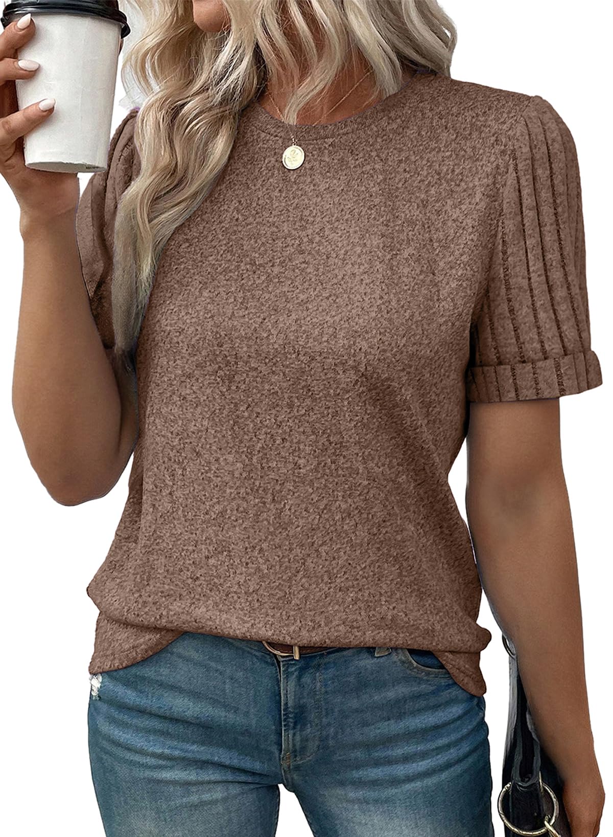 Women's Casual Short Sleeve T-Shirt Loose Fit Summer Top Dark Brown