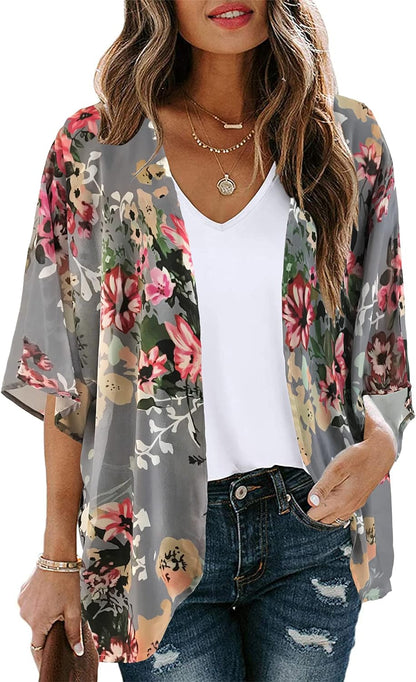 Floral Print Kimono Cardigan Women Puff Sleeve Cover Up Casual Blouse Loose Top Aa Dark Grey