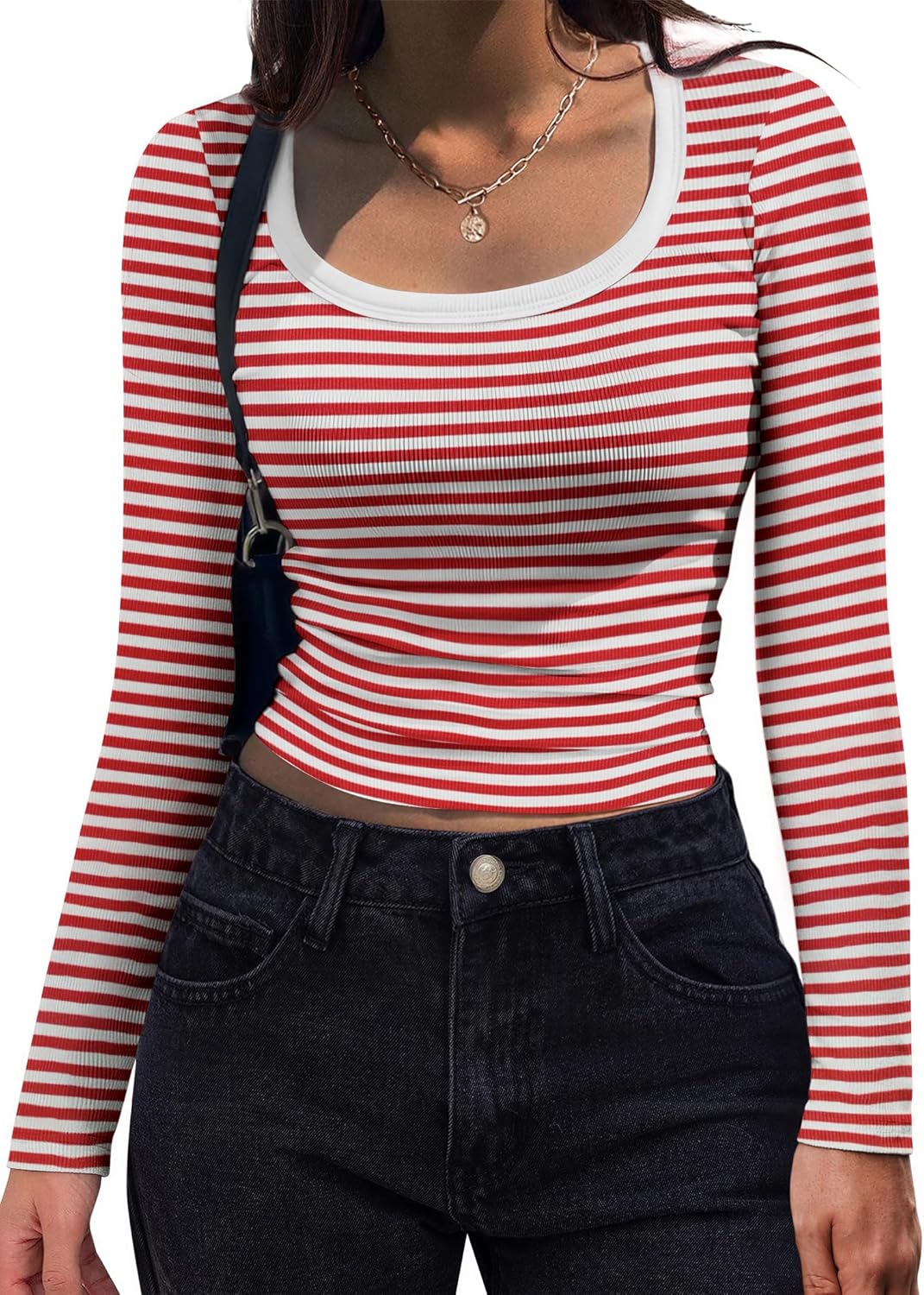Women's Long Sleeve Scoop Neck Shirt Slim Fit Rib Knit Top Red White Stripe