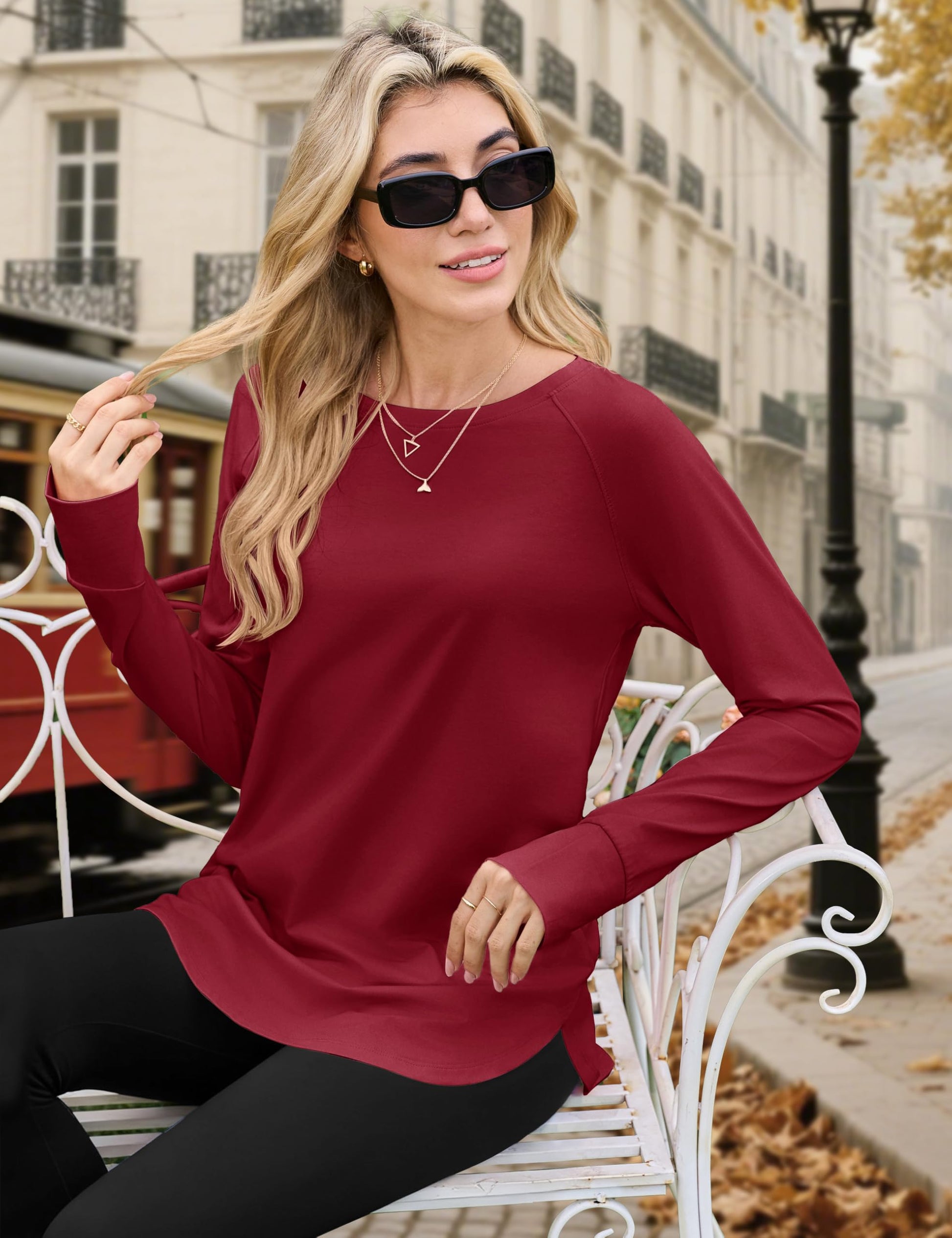 Women's Long Sleeve Tunic Top with Thumb Holes - Loose Fit Shirt for Leggings