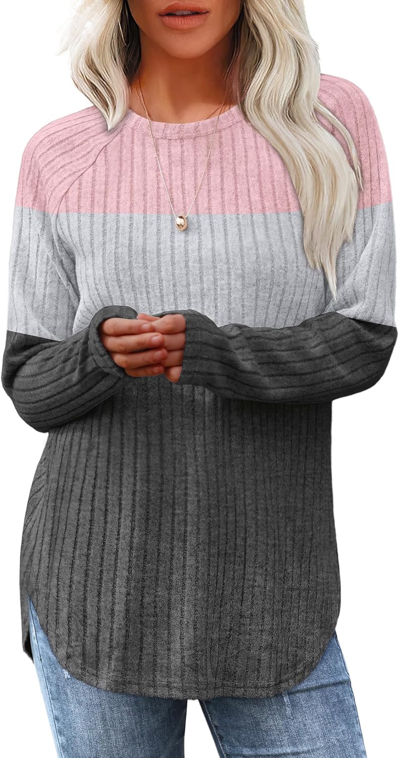 Women's Long Sleeve Tunic Tops - Loose Fit Crewneck Pullover with Curved Hem