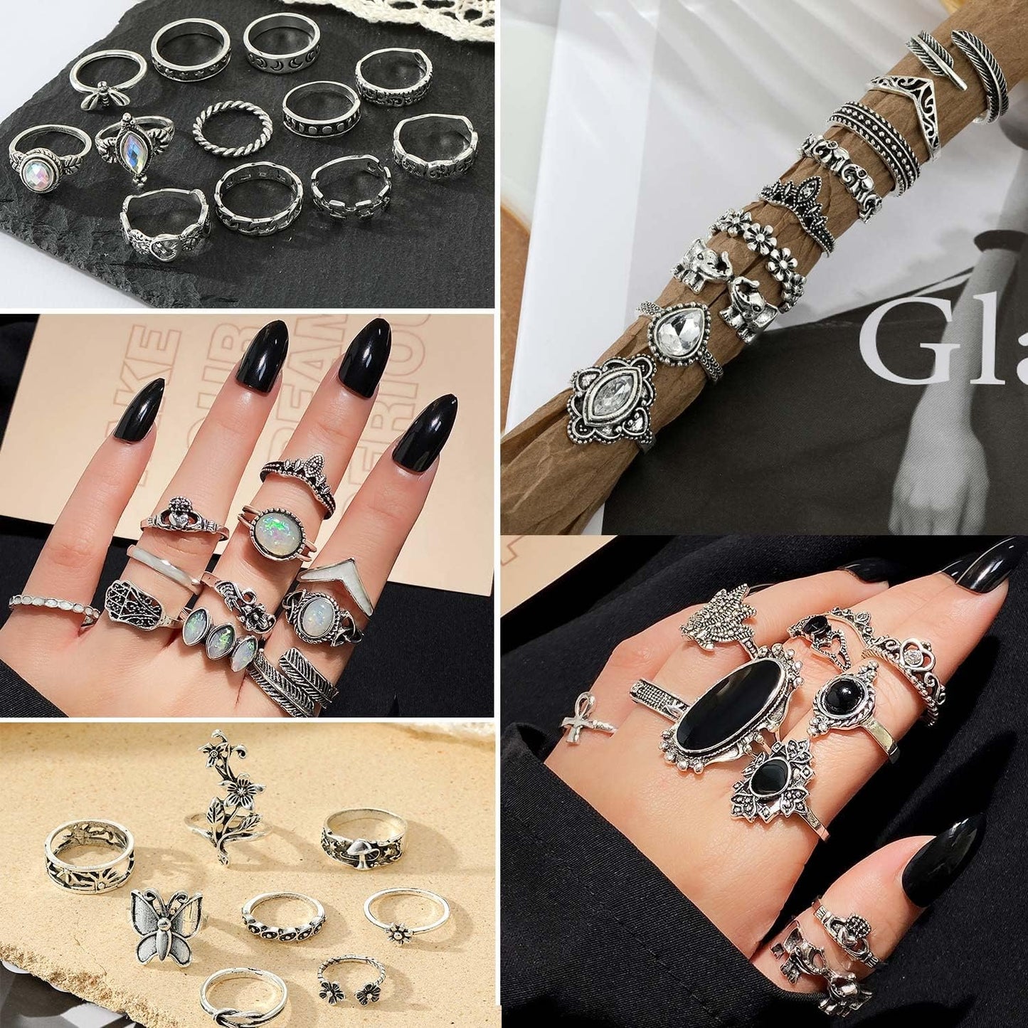 Vintage Silver Knuckle Rings Set 42 Pieces Adjustable Gothic Stackable Rings