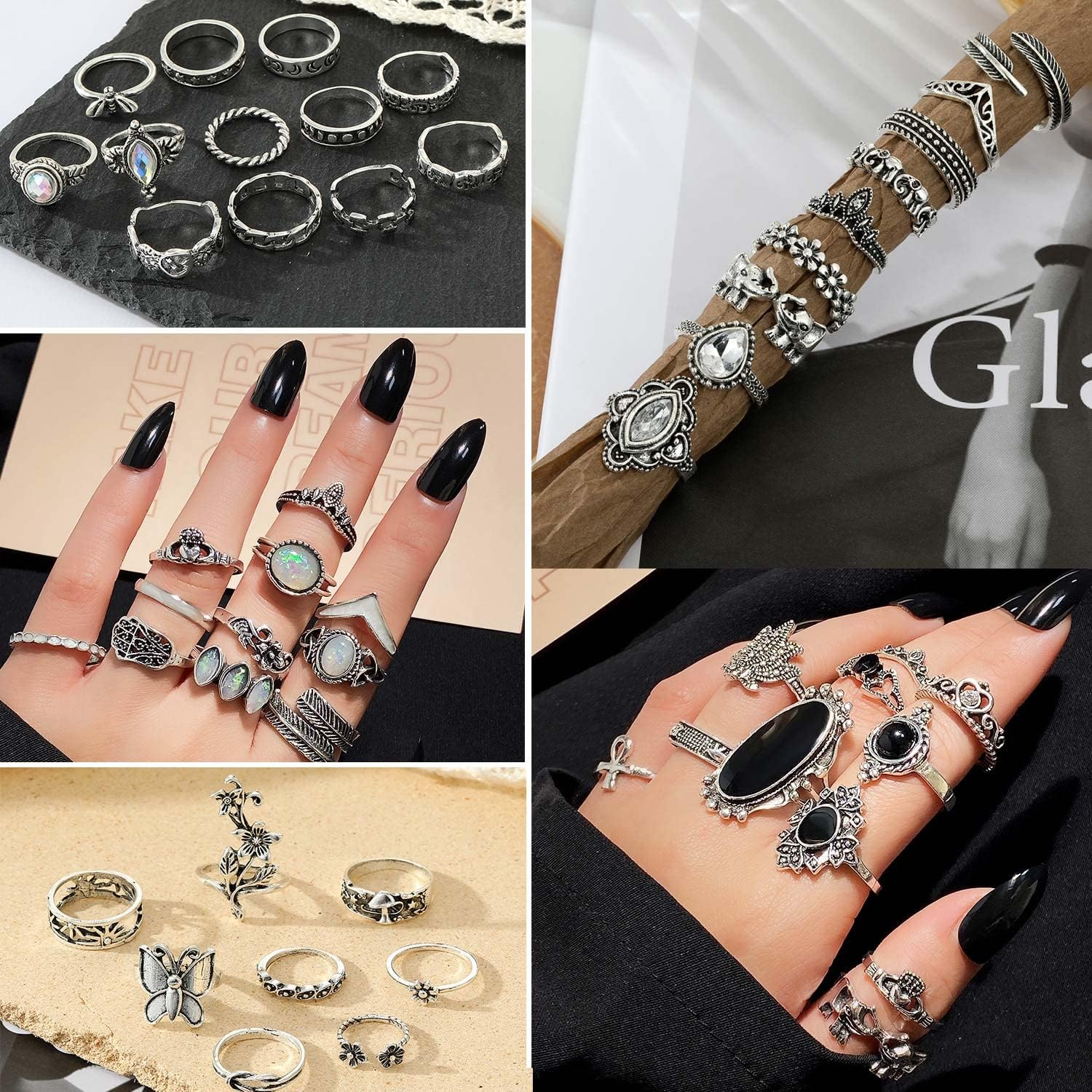 Vintage Silver Knuckle Rings Set 42 Pieces Adjustable Gothic Stackable Rings