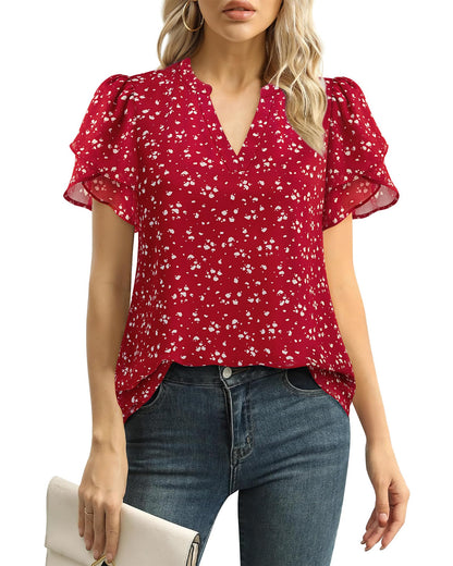 Polyester Blouses - Women's Chiffon Blouse V-Neck Puff Sleeve Summer Top for Work and Casual Wear